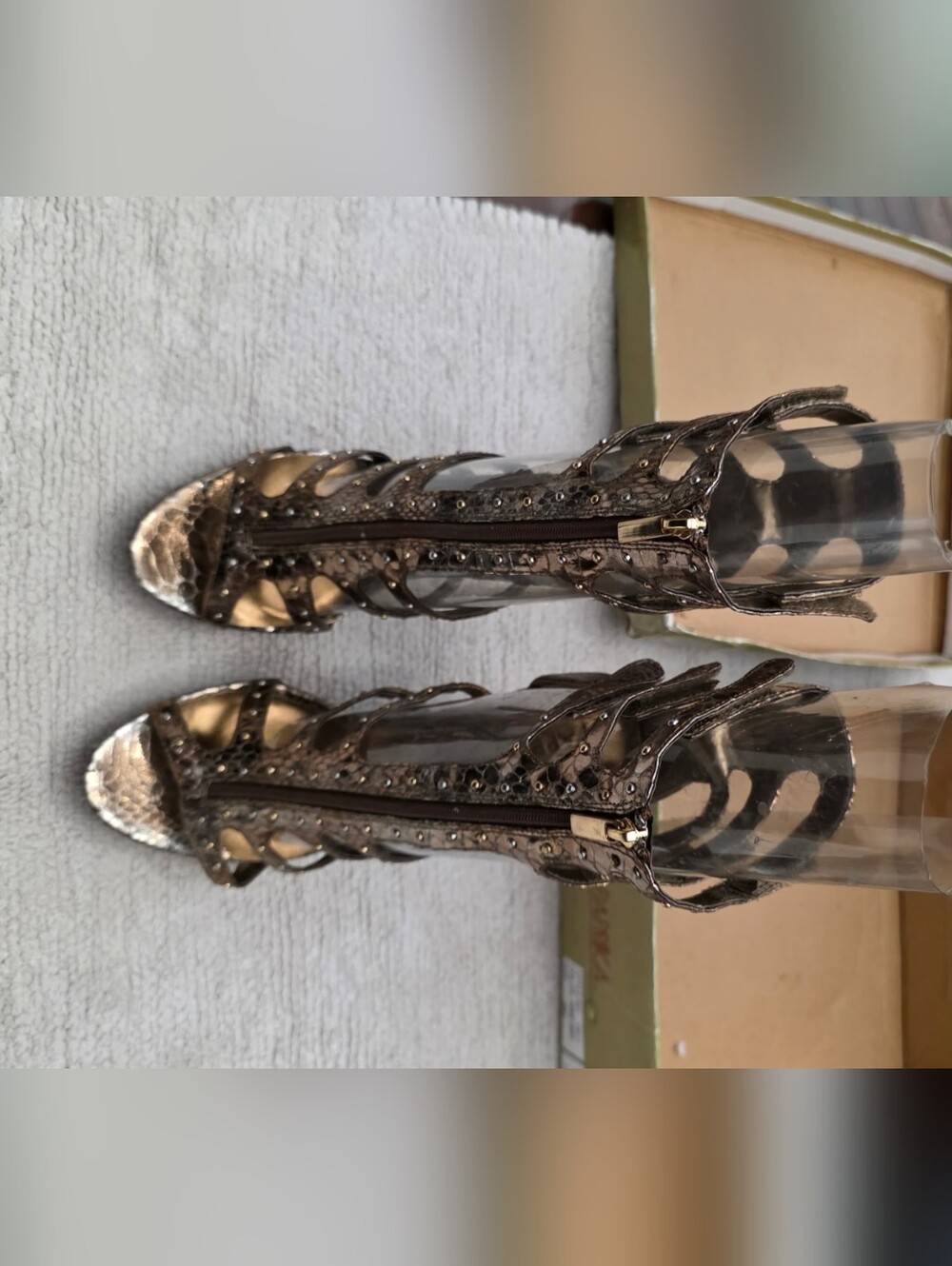 Metallic Bronze Strappy High Heel Sandals Gladiator Y2k - Picture 2 of 8